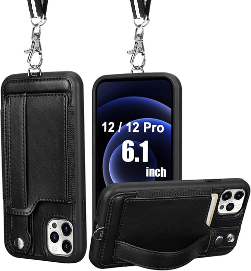TOOVREN iPhone 12/12 Pro Case, Compatible with 12/12 Pro Wallet Case with Kickstand Card Holder Adjustable Detachable Necklace, Cell Phone 12/12 P...